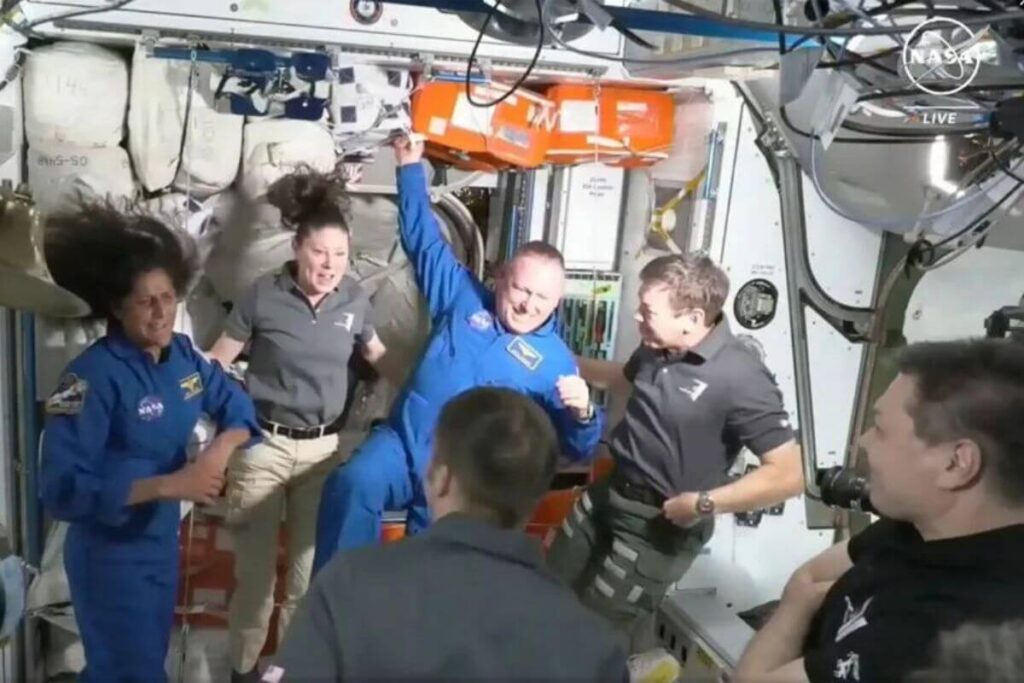 NASA astronauts Suni Williams and Butch Wilmore are welcomed by the International Space Station crew